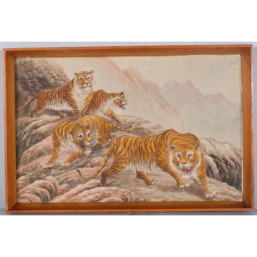 1131 - Chinese School, tigers in the mountains, watercolour on silk, unsigned, 35cm x 52cm, framed