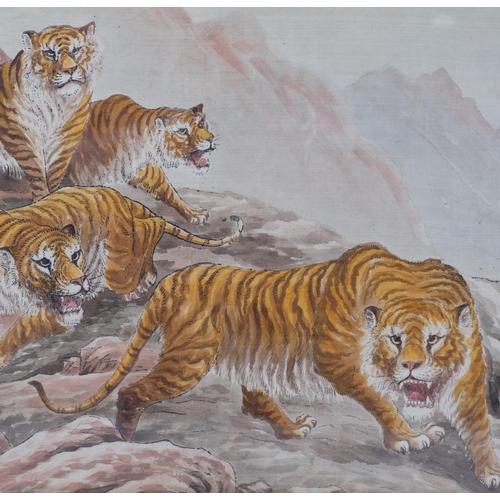 1131 - Chinese School, tigers in the mountains, watercolour on silk, unsigned, 35cm x 52cm, framed