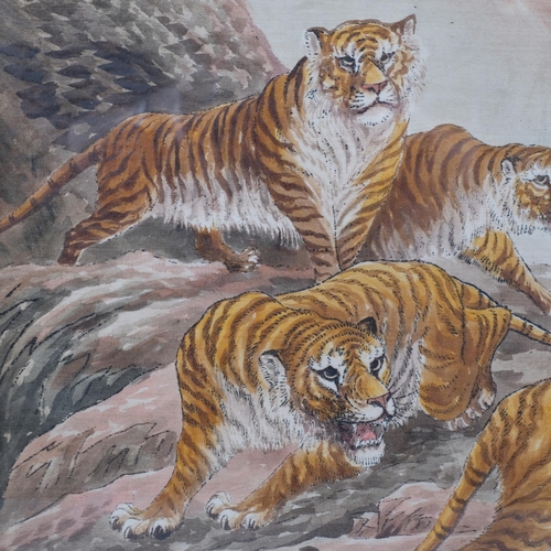 1131 - Chinese School, tigers in the mountains, watercolour on silk, unsigned, 35cm x 52cm, framed