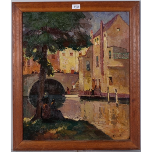 1132 - Leonard Richmond (1889 - 1965), Continental canal scene, oil on board, signed, 61cm x 51cm, framed