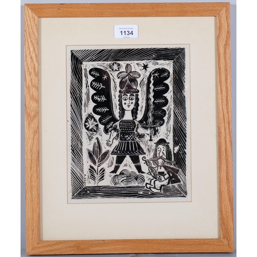 1134 - Adam Kilian (1923 - 2016), angel and musician, scraper board, signed, 24cm x 19cm, framed