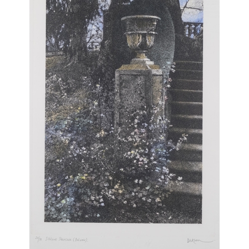 1136 - Jennifer Dickson, 3 garden scenes, coloured etchings, all signed in pencil, 2 framed and 1 mounted