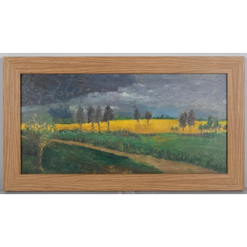 1142 - Contemporary Dutch School, storm swept landscape, oil on board, unsigned, 22cm x 46cm, framed