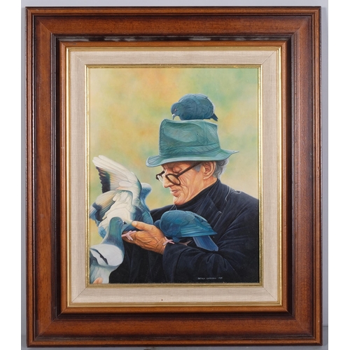 1144 - Patrick Underhill, man with pigeons, oil on board, signed and dated 1989, 24cm x 19cm, framed