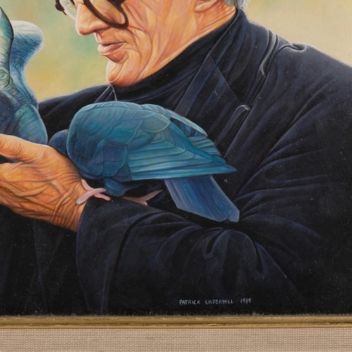 1144 - Patrick Underhill, man with pigeons, oil on board, signed and dated 1989, 24cm x 19cm, framed