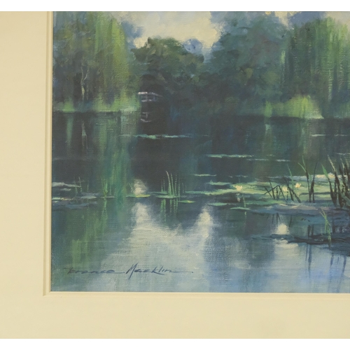 1149 - Terence Macklin, lily pond, oil on board, signed, 24cm x 35cm, framed