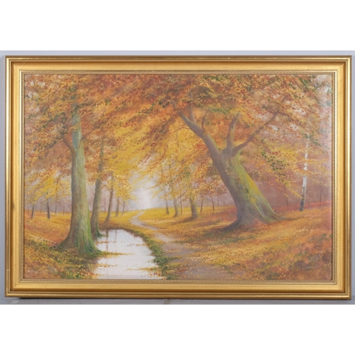 1151 - Autumnal woodland scene, 20th century oil on board, indistinctly signed, 50cm x 75cm, framed and gla... 