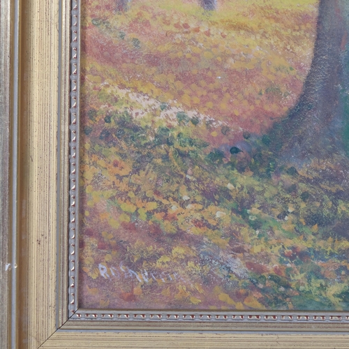 1151 - Autumnal woodland scene, 20th century oil on board, indistinctly signed, 50cm x 75cm, framed and gla... 