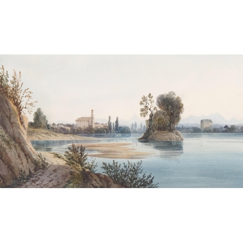 1153 - Village beside a lake, late 18th century watercolour, unsigned, 12cm x 22cm, framed