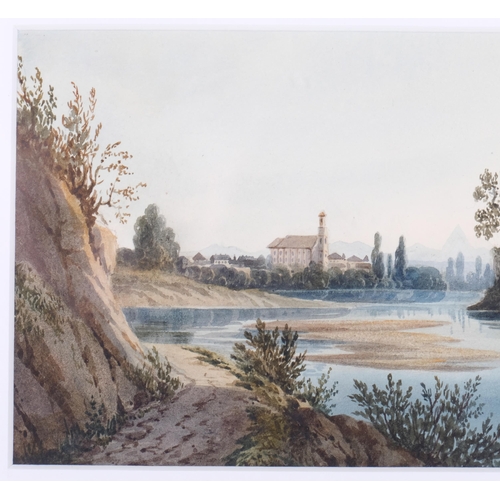 1153 - Village beside a lake, late 18th century watercolour, unsigned, 12cm x 22cm, framed