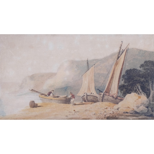 1154 - Beached fishing boats, early 19th century watercolour, unsigned, 15cm x 28cm, framed