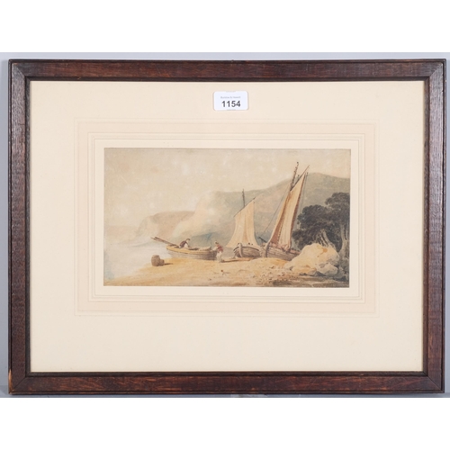 1154 - Beached fishing boats, early 19th century watercolour, unsigned, 15cm x 28cm, framed