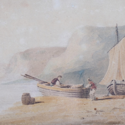 1154 - Beached fishing boats, early 19th century watercolour, unsigned, 15cm x 28cm, framed