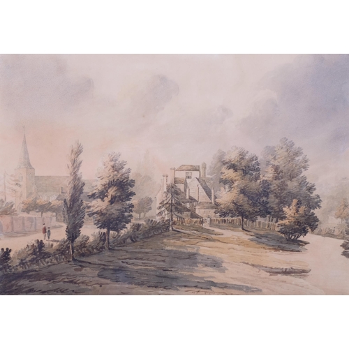 1156 - Rural village scene, 18th century watercolour, unsigned, 22cm x 32cm, framed