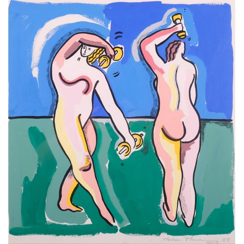 1157 - Helen Manning Clark, 2 figures, acrylic/gouache on paper, signed and dated '88, image 44cm x 42cm, f... 