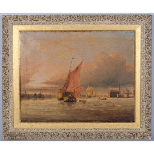 1158 - Henry Dawson (1811 - 1878), barges and shipping on the river, oil on canvas, signed, 46cm x 65cm, fr... 