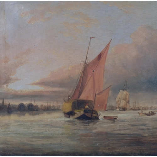 1158 - Henry Dawson (1811 - 1878), barges and shipping on the river, oil on canvas, signed, 46cm x 65cm, fr... 