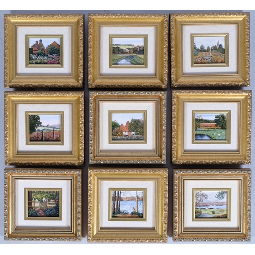 1159 - Doreen Medhurst RMS SBA SWA, 9 miniature scenes, oils on board, framed, overall frame dimensions 16.... 