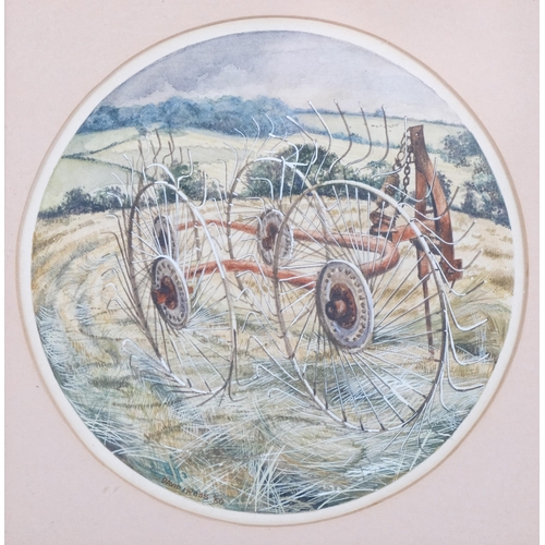 1160 - David Hobbs, farm machinery, circular watercolour, signed and dated 1980, image 11cm across, framed