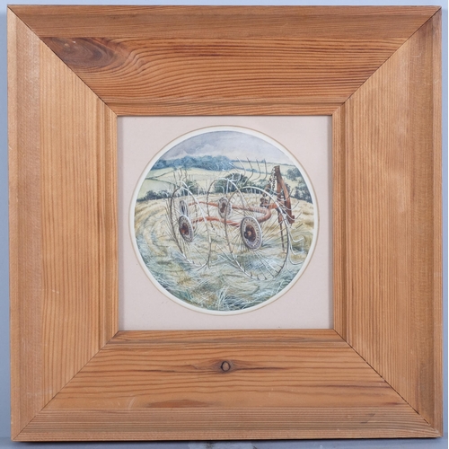 1160 - David Hobbs, farm machinery, circular watercolour, signed and dated 1980, image 11cm across, framed