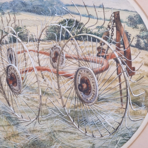 1160 - David Hobbs, farm machinery, circular watercolour, signed and dated 1980, image 11cm across, framed