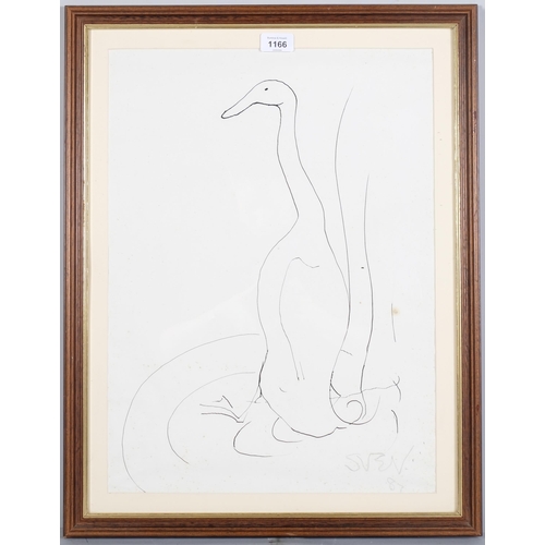 1166 - Sven Berlin (1911-1999), ink on paper, Duck, signed and dated ’87, with studio sale stamp, mounted, ... 