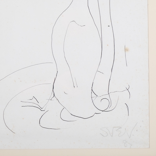 1166 - Sven Berlin (1911-1999), ink on paper, Duck, signed and dated ’87, with studio sale stamp, mounted, ... 