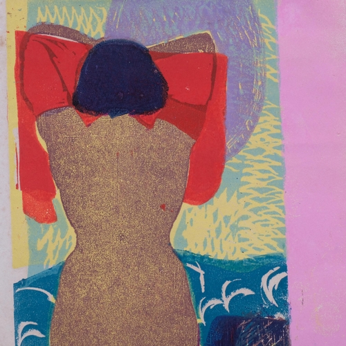 1207 - Edgar Holloway, woman dressing, colour woodcut print, signed in pencil, sheet 44cm x 23cm, unframed