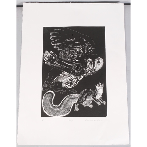 1211 - Michael Kirkman, prey, linocut, signed in pencil, no. 5/30, sheet 75cm x 56cm, unframed