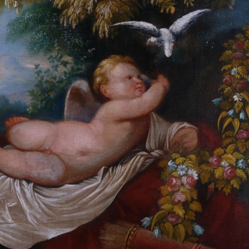 1243 - Cherub with a dove, oil on canvas, probably 18th century, unsigned, 51cm x 61cm, framed