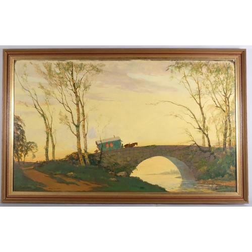 1244 - George Davidson, gypsy caravan over a bridge, oil on canvas, signed, 75cm x 125cm, framed