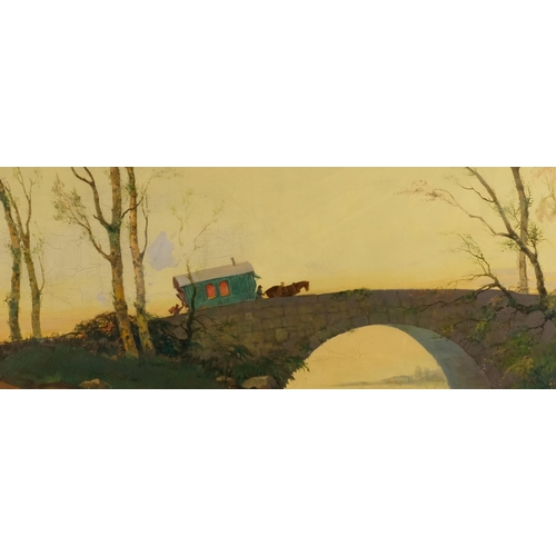 1244 - George Davidson, gypsy caravan over a bridge, oil on canvas, signed, 75cm x 125cm, framed