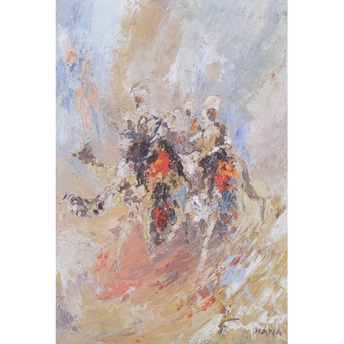 1251 - Ghassan Nana (born 1953), Arab horsemen, impressionist oil on board, signed, 44cm x 30cm, framed