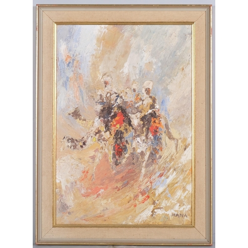 1251 - Ghassan Nana (born 1953), Arab horsemen, impressionist oil on board, signed, 44cm x 30cm, framed