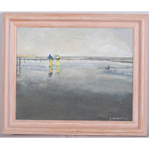 1255 - Sue Anderson, shrimpers, oil on canvas, signed, 30cm x 37cm, framed