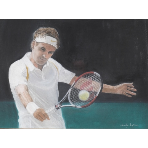 1266 - Jennifer Lipman (1935 - 2022), Roger Federer, coloured pastels, signed, 42cm x 58cm, framed