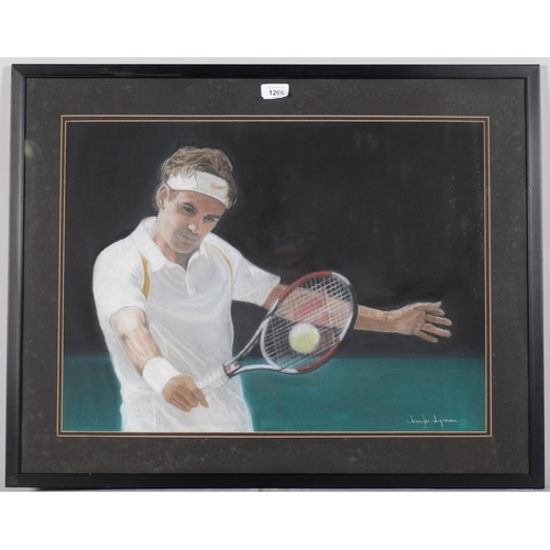 1266 - Jennifer Lipman (1935 - 2022), Roger Federer, coloured pastels, signed, 42cm x 58cm, framed