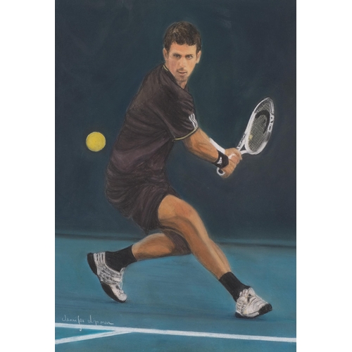 1267 - Jennifer Lipman (1935 - 2022), Novak Djokovic, coloured pastels, signed,54cm x 37cm, framed