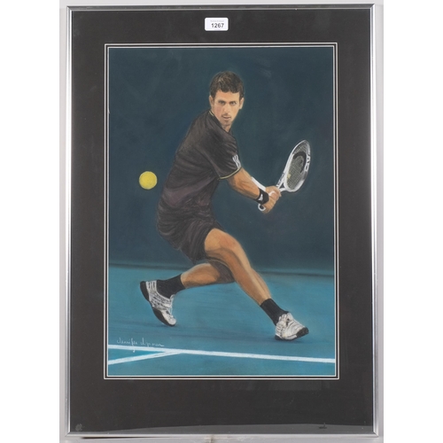 1267 - Jennifer Lipman (1935 - 2022), Novak Djokovic, coloured pastels, signed,54cm x 37cm, framed