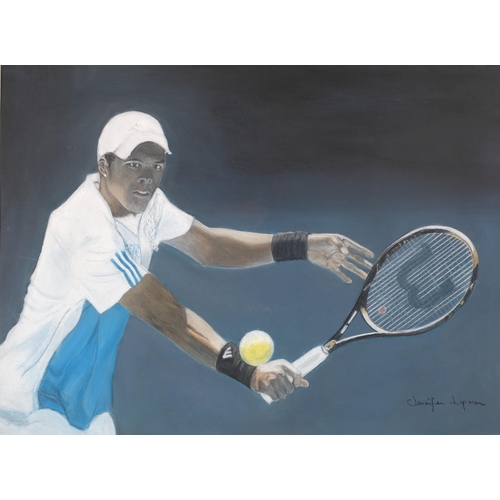 1270 - Jennifer Lipman (1935 - 2022), Jo-Wilfried Tsonga, coloured pastels, signed, 44cm x 60cm, framed