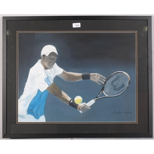 1270 - Jennifer Lipman (1935 - 2022), Jo-Wilfried Tsonga, coloured pastels, signed, 44cm x 60cm, framed