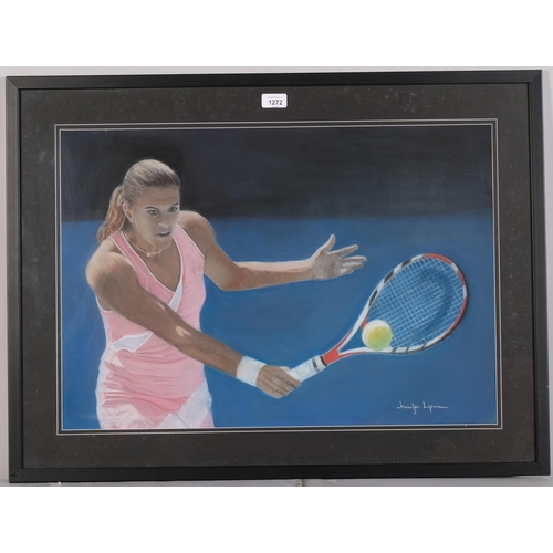 1272 - Jennifer Lipman (1935 - 2022), Amelie Mauresmo, coloured pastels, signed, 45cm x 67cm, framed