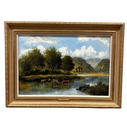 1275 - William Langley (1852 - 1922), cattle watering in the Highlands, oil on canvas, signed, 41cm x 61cm,... 