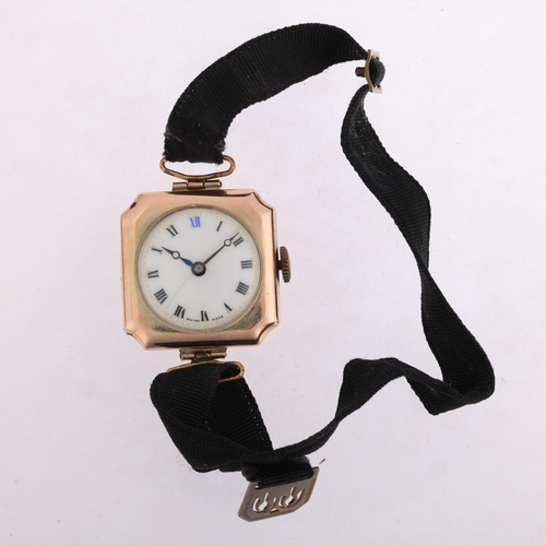 2053 - A lady's Art Deco 9ct rose gold cushion mechanical wristwatch, circa 1920s, white enamel dial with h... 