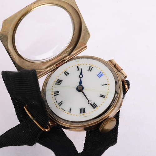 2053 - A lady's Art Deco 9ct rose gold cushion mechanical wristwatch, circa 1920s, white enamel dial with h... 