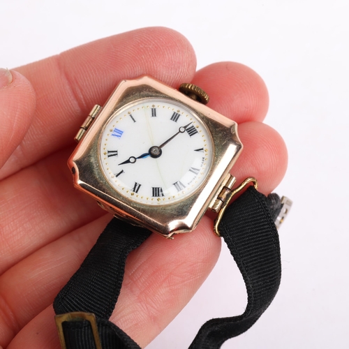 2053 - A lady's Art Deco 9ct rose gold cushion mechanical wristwatch, circa 1920s, white enamel dial with h... 