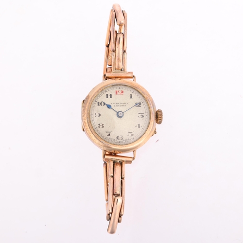 2055 - J W BENSON - an early 20th century 9ct rose gold mechanical bracelet watch, silvered dial with Arabi... 