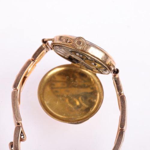 2055 - J W BENSON - an early 20th century 9ct rose gold mechanical bracelet watch, silvered dial with Arabi... 