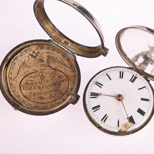 2065 - An early 19th century silver pair-cased open-face key-wind verge pocket watch, by T Strong of London... 