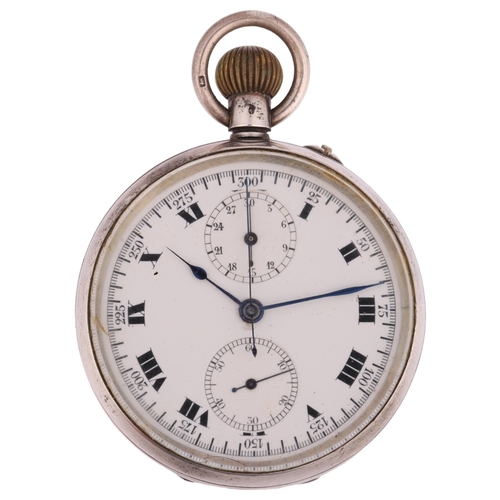 2068 - An early 20th century silver-cased open-face keyless chronograph pocket watch, white enamel dial wit... 